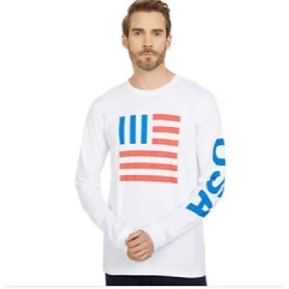 The North Face White Long Sleeve Shirt Sz L Flag Design USA Spell Out Super Soft